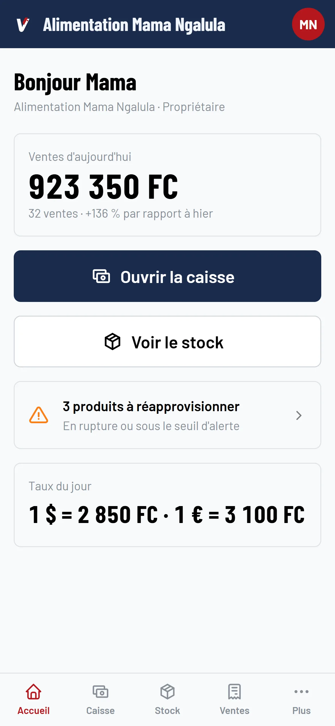Accueil de vitePOS : ventes du jour et alertes de stock
