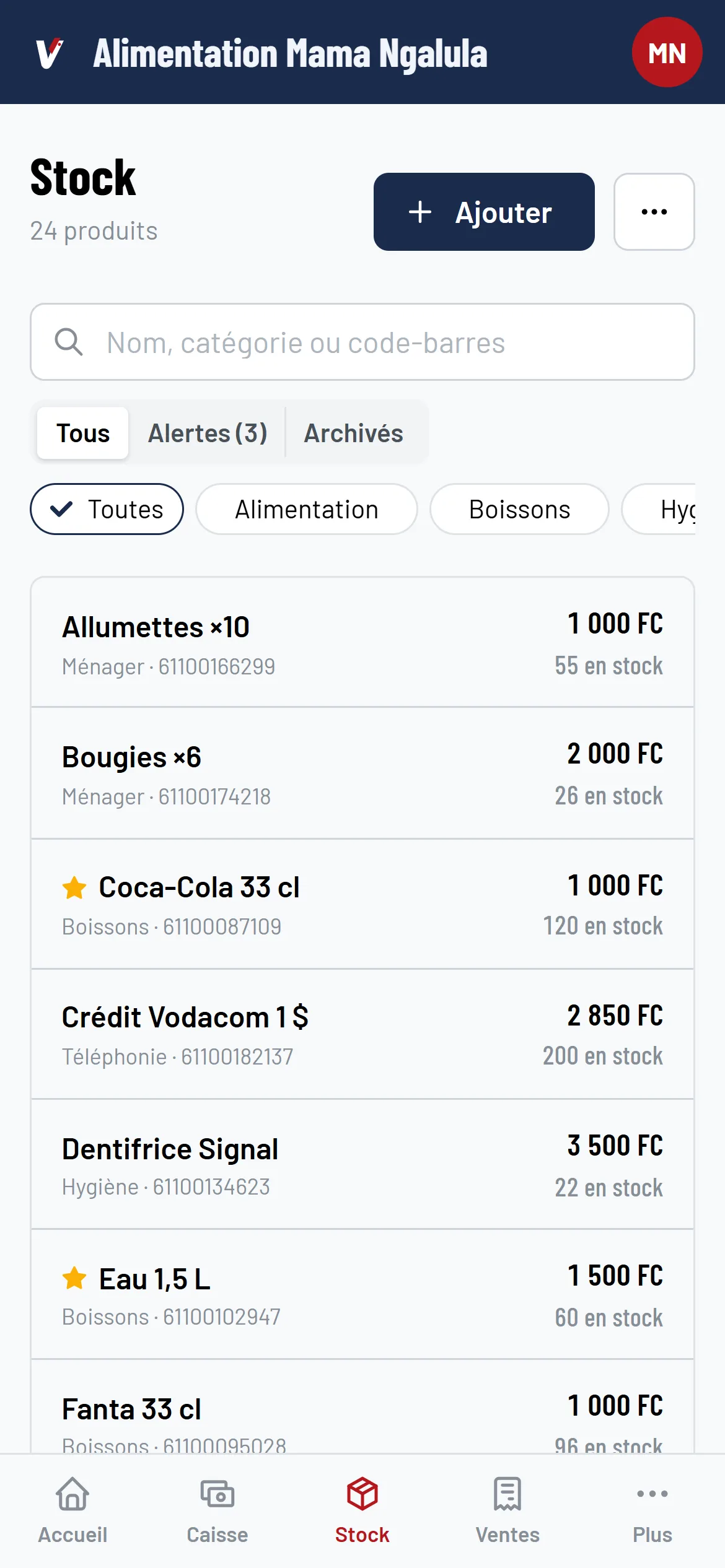 Le stock avec ses alertes de rupture