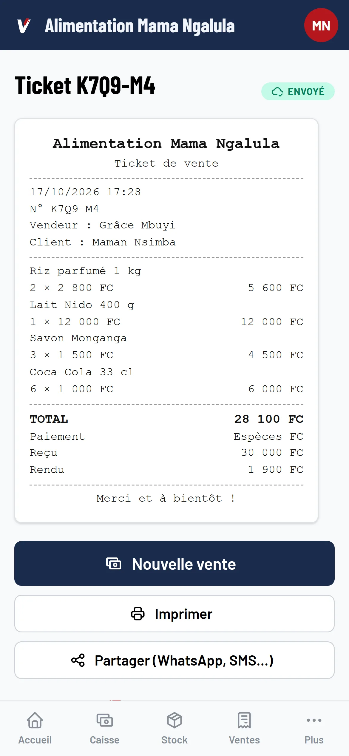 Un ticket de vente avec la monnaie rendue